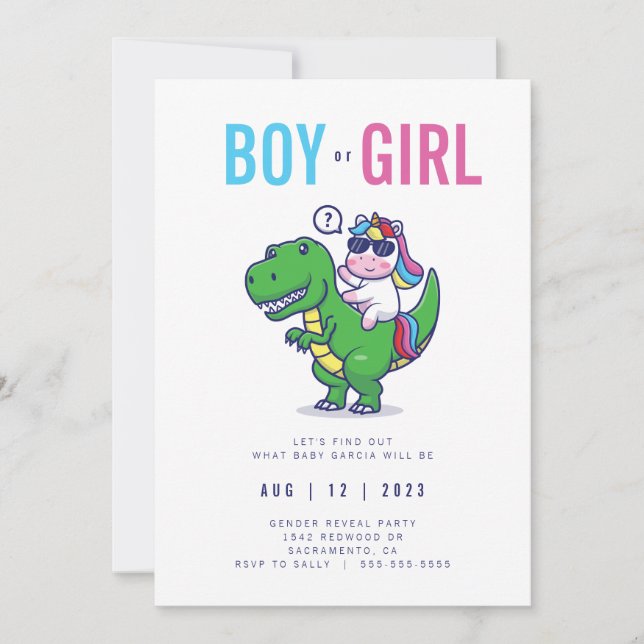 Unicorn and Dinosaur Gender Reveal Invitation (Front)