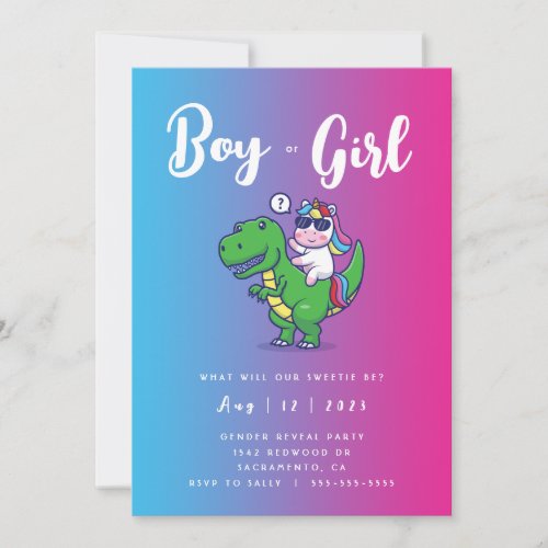 Unicorn and Dinosaur Gender Reveal Invitation 3