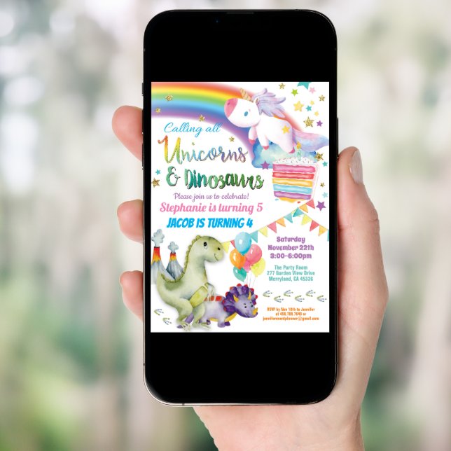 Unicorn and dinosaur joint birthday boy and girl invitation (Front Digital)