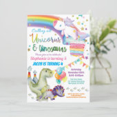 Unicorn and dinosaur joint birthday boy and girl invitation (Standing Front)