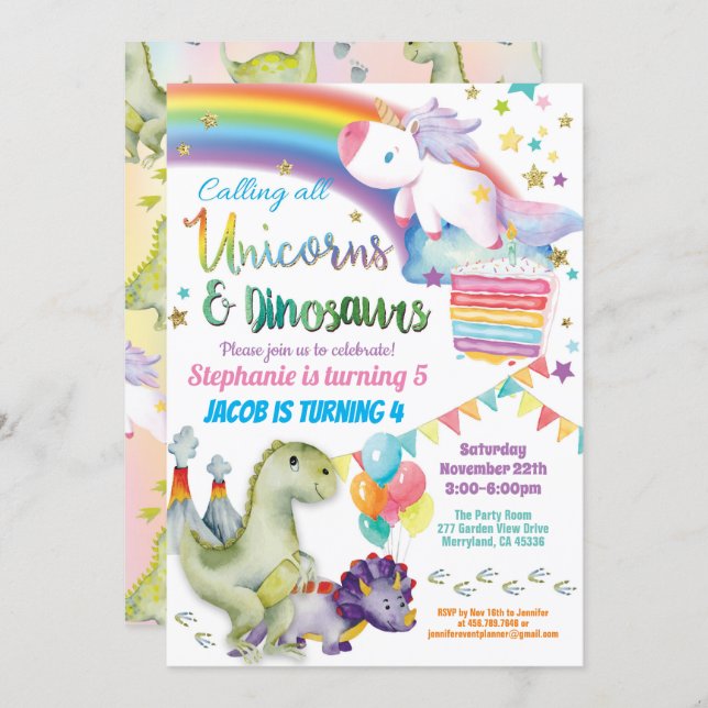 Unicorn and dinosaur joint birthday boy and girl invitation (Front/Back)