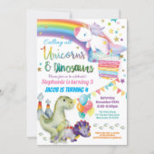Unicorn and dinosaur joint birthday boy and girl invitation (Front)