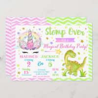 Unicorn and Dinosaur Joint Birthday Invitation