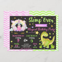 Unicorn and Dinosaur Joint Birthday Invitation