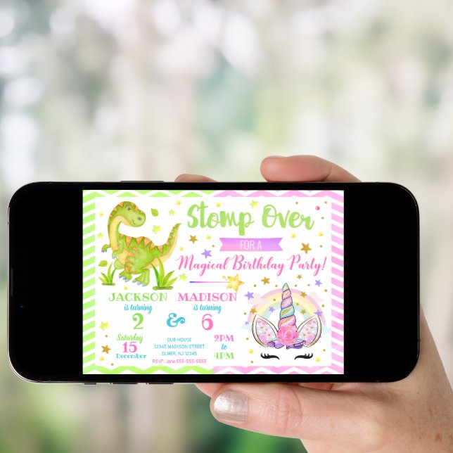Unicorn and Dinosaur Joint Birthday Invitation (Front Digital)