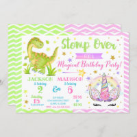 Unicorn and Dinosaur Joint Birthday Invitation