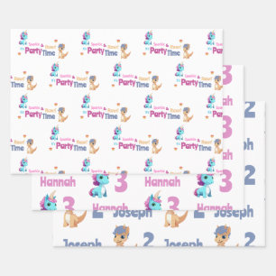 Unicorn and Dinosaur Joint Kids Party Custom  Wrapping Paper Sheets