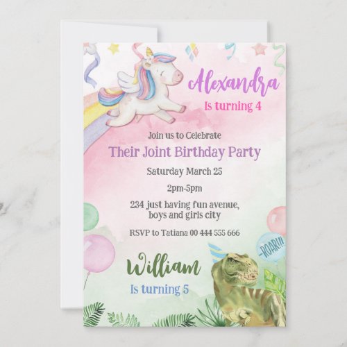 Unicorn and Dinosaur Joint Sibling Birthday Party Invitation