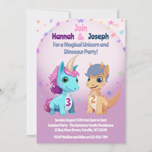 Unicorn and Dinosaur Kids Party Invitation
