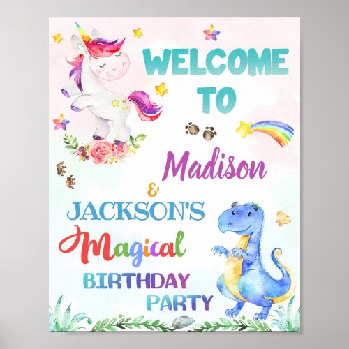 Unicorn and Dinosaur welcome party sign Magic sign