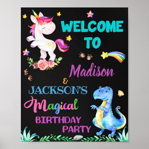 Unicorn and Dinosaur welcome party sign Magic sign