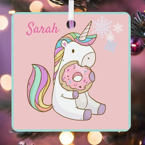Unicorn and Donut Add Name Pink Metal Ornament