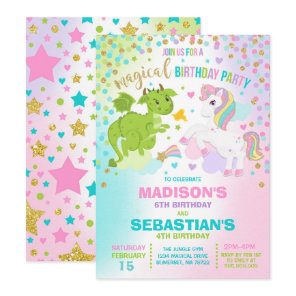 Unicorn And Dragon Birthday Invitation Siblings