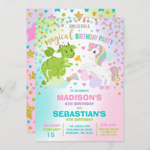 Unicorn And Dragon Birthday Invitation Siblings