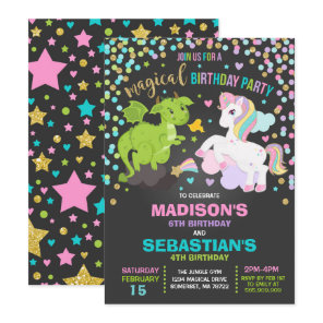 Unicorn And Dragon Birthday Invitation Siblings
