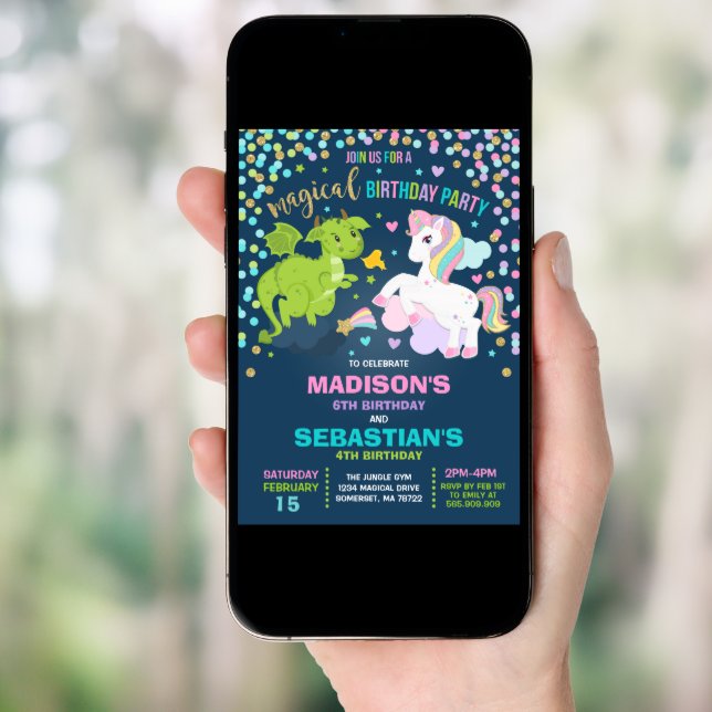Unicorn And Dragon Birthday Invitation Siblings (Front Digital)