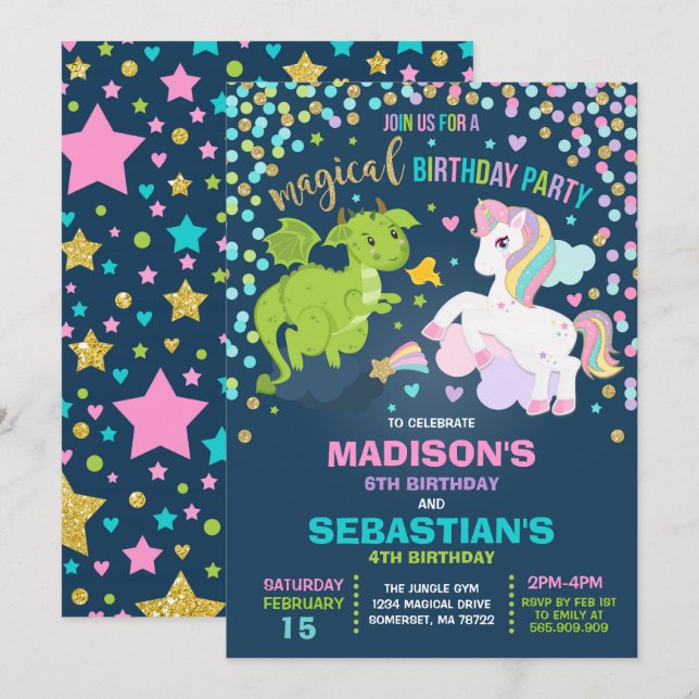 Unicorn And Dragon Birthday Invitation Siblings (Front/Back)