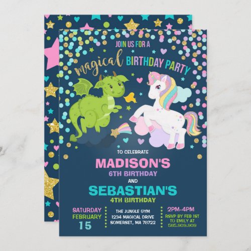 Unicorn And Dragon Birthday Invitation Siblings