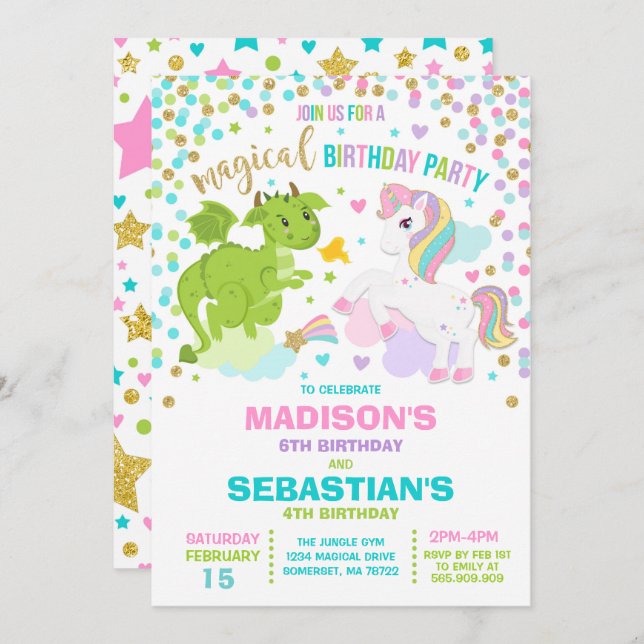 Unicorn And Dragon Birthday Invitation Siblings (Front/Back)