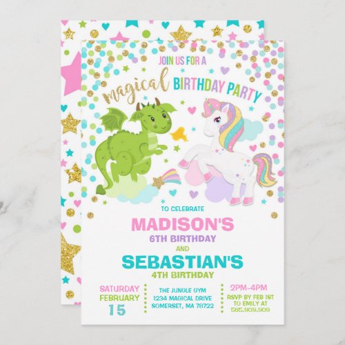Unicorn And Dragon Birthday Invitation Siblings