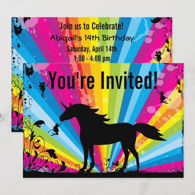 Unicorn and Fairies Rainbow Fairy Birthday Invitation (Front/Back)