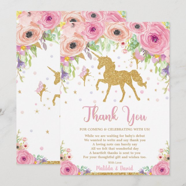 Unicorn and Fairy Baby Shower Thank You Card Note (Front/Back)