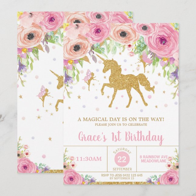 Unicorn and Fairy Birthday Invitation Pink Floral (Front/Back)