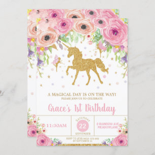 Unicorn and Fairy Birthday Invitation Pink Floral
