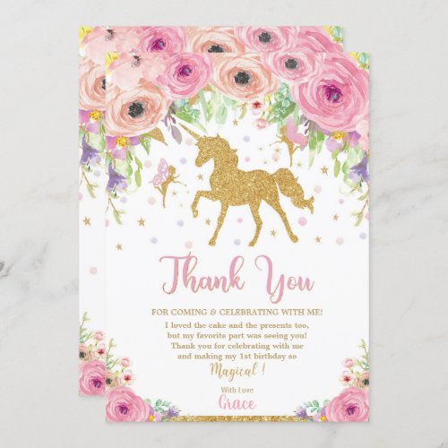 Unicorn and Fairy Birthday Thank You Note Card