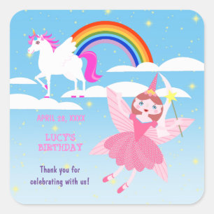 Unicorn and Fairy Magic Birthday Party Square Sticker