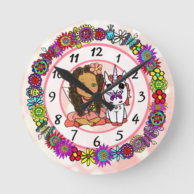 Unicorn and Fairy Whimsical Folk Art Girl's Round Clock (Front)