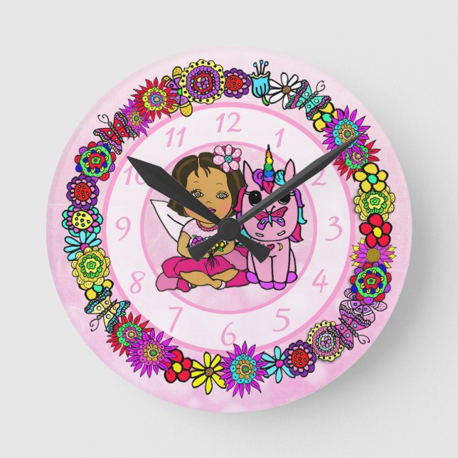 Unicorn and Fairy Whimsical Folk Art Girl's Round Clock (Front)