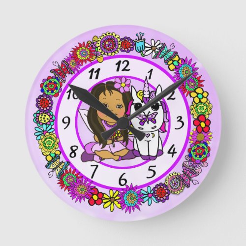 Unicorn and Fairy Whimsical Folk Art Girls Round Clock