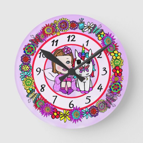 Unicorn and Fairy Whimsical Folk Art Girls Round Clock