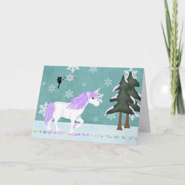 Unicorn and Fairy Winter Holiday Greeting Card (Front)