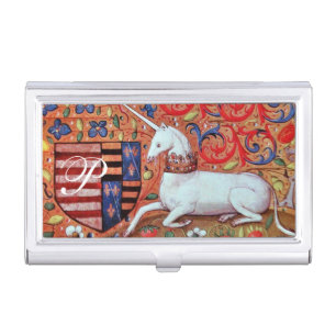 UNICORN AND FANTASY FLOWERS,FLORAL MOTIFS MONOGRAM CASE FOR BUSINESS CARDS