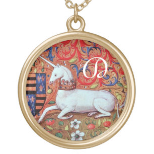 UNICORN AND FANTASY FLOWERS,FLORAL MOTIFS MONOGRAM GOLD PLATED NECKLACE