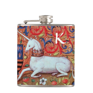 UNICORN AND FANTASY FLOWERS,FLORAL MOTIFS MONOGRAM HIP FLASK
