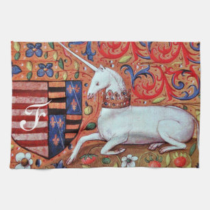 UNICORN AND FANTASY FLOWERS,FLORAL MOTIFS MONOGRAM TOWEL