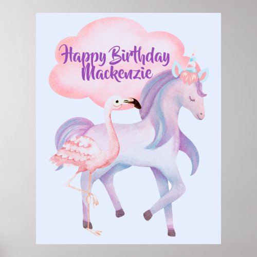 Unicorn and Flamingo Watercolor Birthday Poster