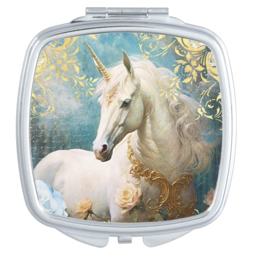 Unicorn and Floral Damask Compact Mirror