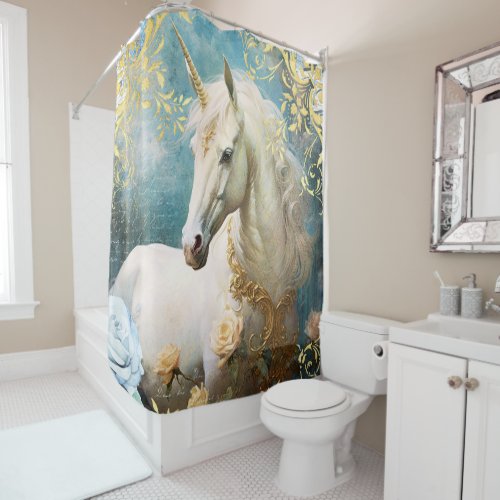 Unicorn and Floral Damask Shower Curtain