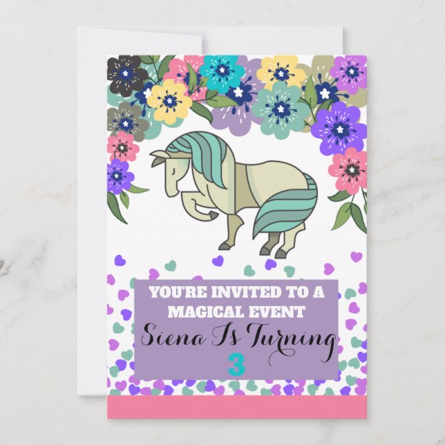 Unicorn and flowers birthday invitation for girl (Front)