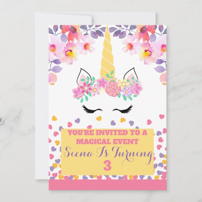 Unicorn and flowers birthday invitation for girl (Front)
