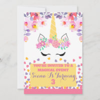 Unicorn and flowers birthday invitation for girl