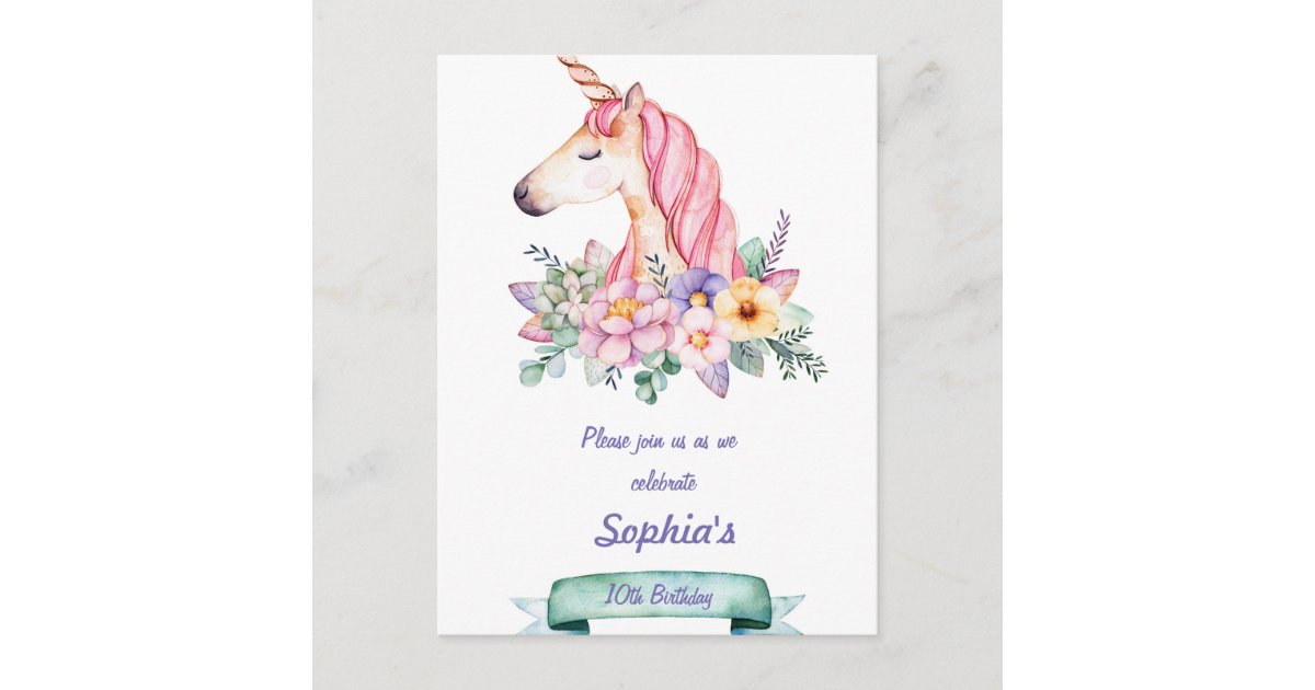 unicorn and flowers children birthday invitation zazzlecom