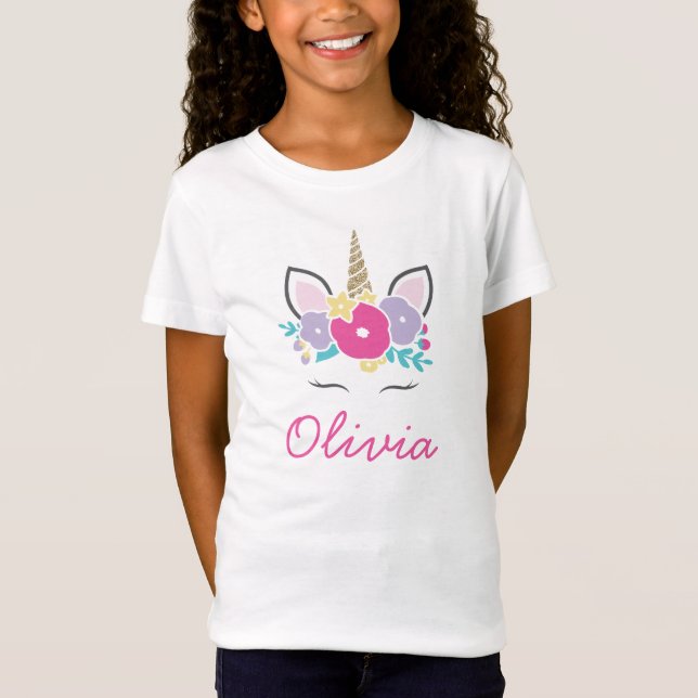 Unicorn and Flowers Personalized shirt glitter (Front)
