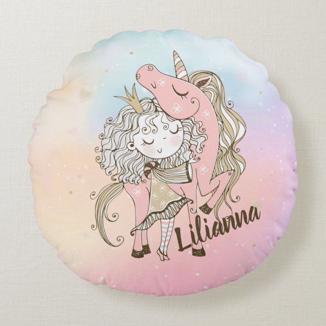 Unicorn and Girl Round Pillow (Front)