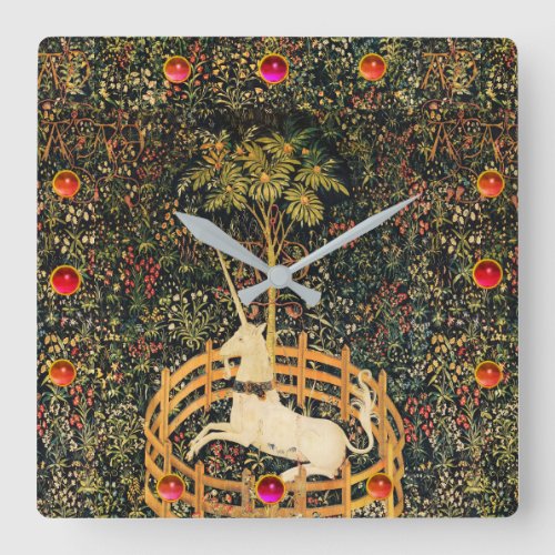 UNICORN AND GOTHIC FANTASY FLOWERSFLORAL MOTIFS SQUARE WALL CLOCK