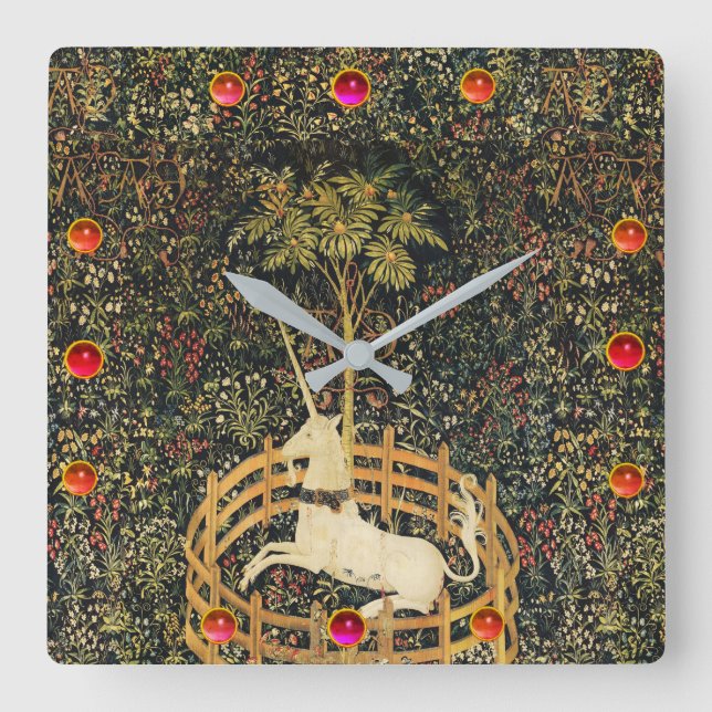 UNICORN AND GOTHIC FANTASY FLOWERS,FLORAL MOTIFS SQUARE WALL CLOCK (Front)